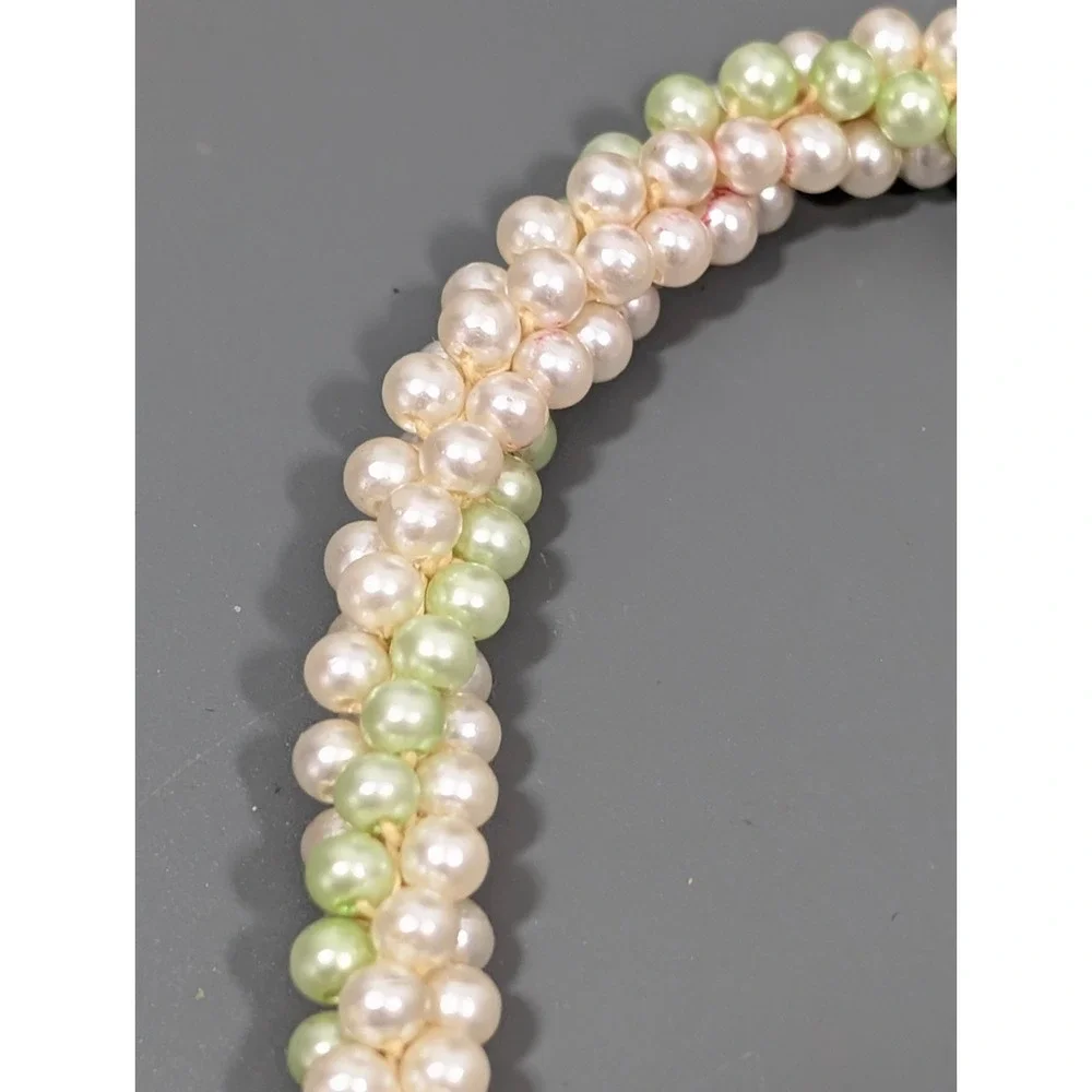 Vintage Green Cream Cluster Woven Faux Pearl Layering Long Necklace‎ 42 in